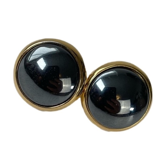 Black Stone Gold Tone Round Earrings - Picture 1 of 6